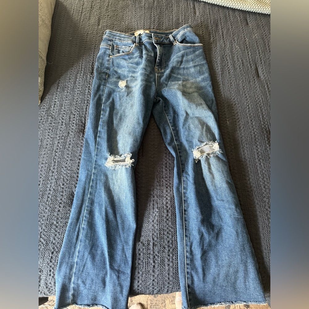 Women's Blue Distressed Straight Leg Jeans